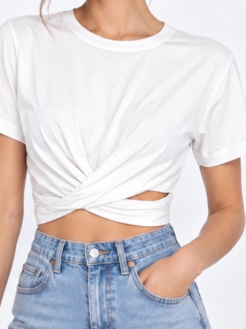 A.L.C. White Jersey Tie Front Cropped Crew Neck Short Sleeve Stretch Top M